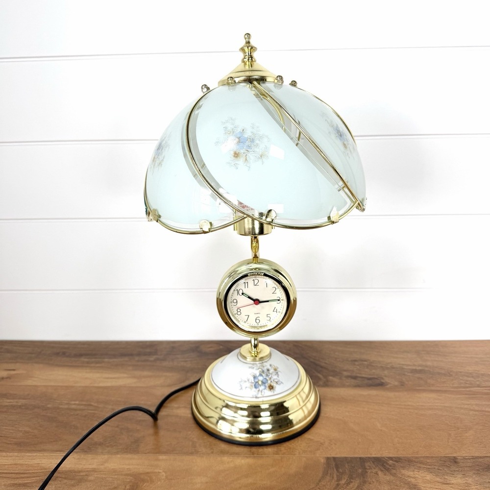 Vintage Floral Touch Lamp Glass Panel Clock Base Cottagecore Whimsical Romantic